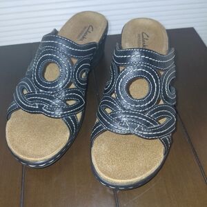 Clarks Women's Black Leather Cutout Slide Mules